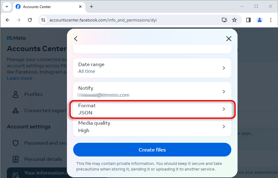 形式を JSON に変更し、データ範囲とメディア品質を変更します